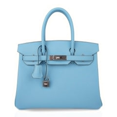 Birkin 30 Bag Blue Celeste Epsom Palladium Hardware New