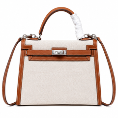 Kelly 25 Bag With Outside Stitching Constructed Of Patchwork Canvas & Premium Soft Swift Leather, Rich Warm Brown Tone Delivers Full-Bodied Vintage Luxury Texture Dimensions: Length 25 * Width 10 * Height 18cm