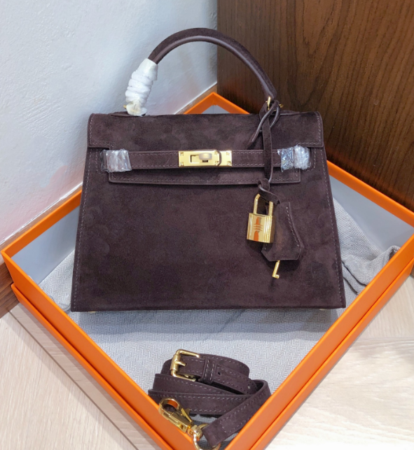 Mini Kelly Sellier 22cm Ebene Suede Leather Gold Hardware Women Mini Handbag