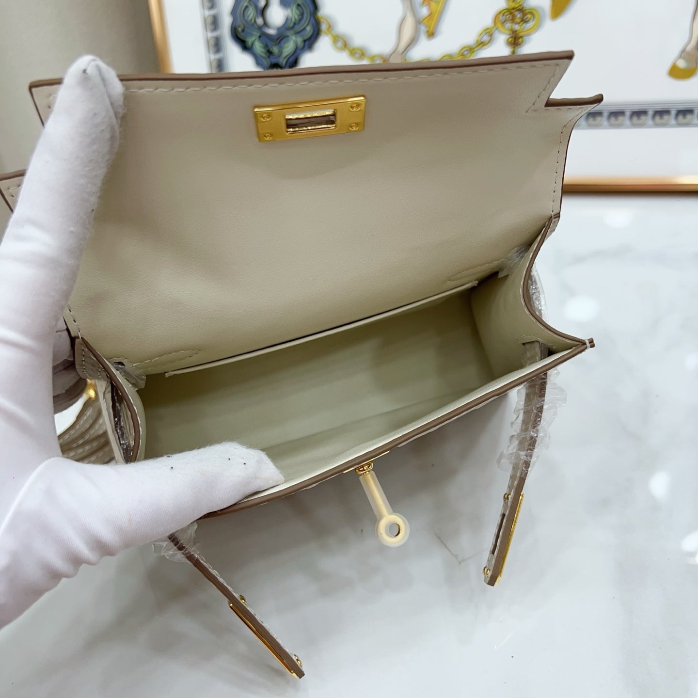 Mini Kelly II 19cm Sellier Craie Ostrich Gold Hardware Premium Women Daily Handbag