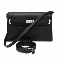 Kelly Elan 25 Underarm Baguette Bag, Genuine Top Layer Cowhide Goat Grain Leather, Silver Hardware Black Unisex Shoulder Purse, Multiway Crossbody Handheld Daily Bag, High Practical Daily Bag Size 25×6.5×15cm