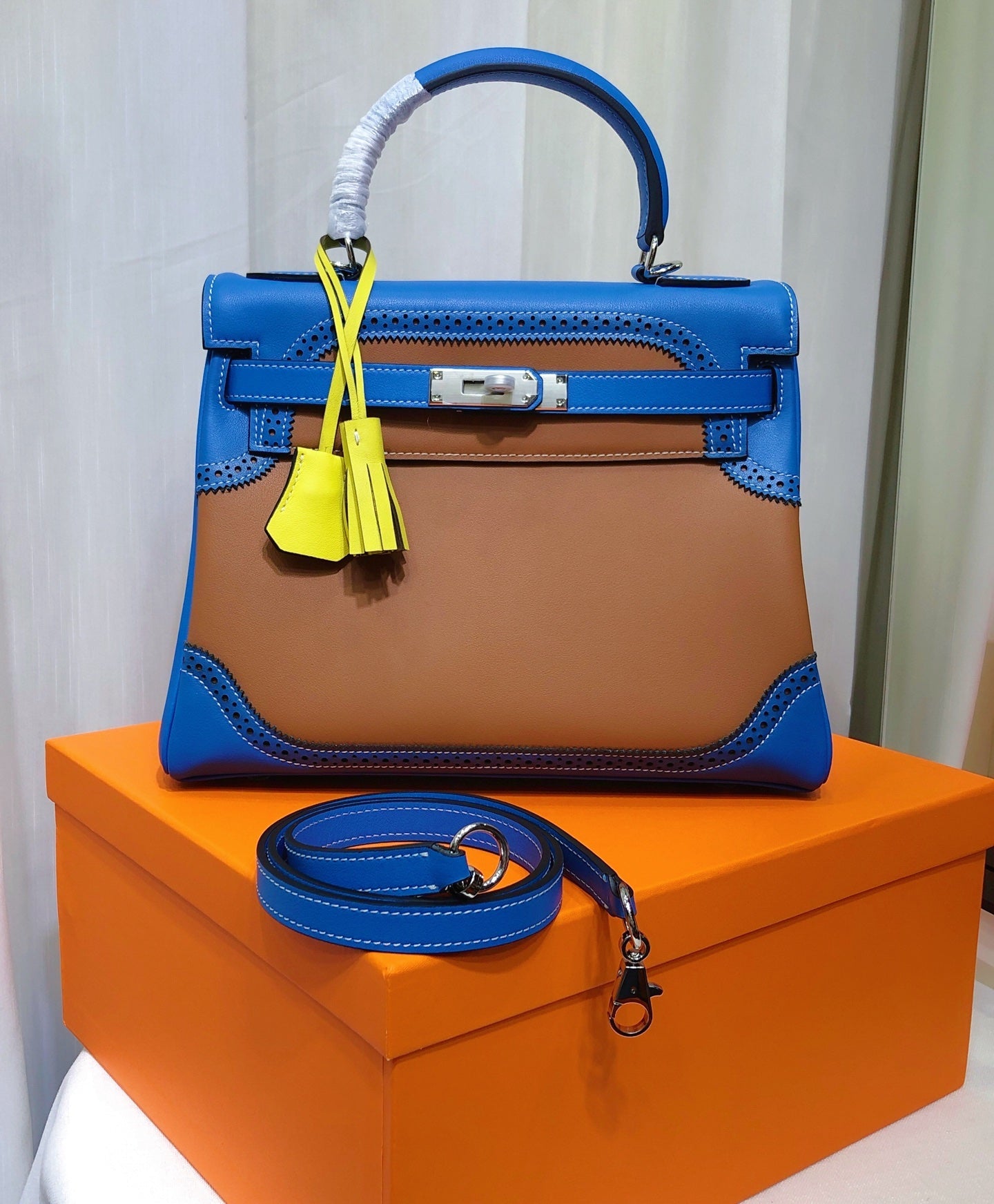 Kelly Sellier Ghillies 28cm Bleu Izmir & Natural Sable Barenia Leather Palladium Hardware Women Handbag