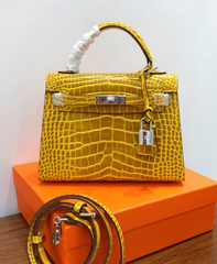 Kelly Sellier 22cm Jaune Ambre Shiny Crocodile Leather Gold Hardware & Palladium Hardware Women Handbag