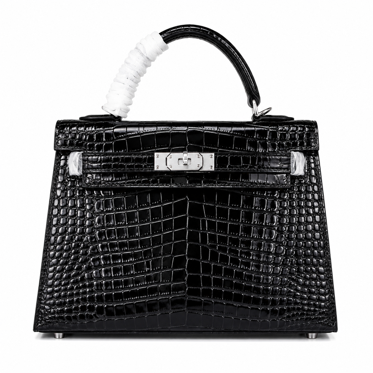 Kelly Sellier 22cm Noir Shiny Crocodile Leather Gold Hardware & Palladium Hardware Women Handbag