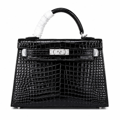 Kelly Sellier 22cm Noir Shiny Crocodile Leather Gold Hardware & Palladium Hardware Women Handbag