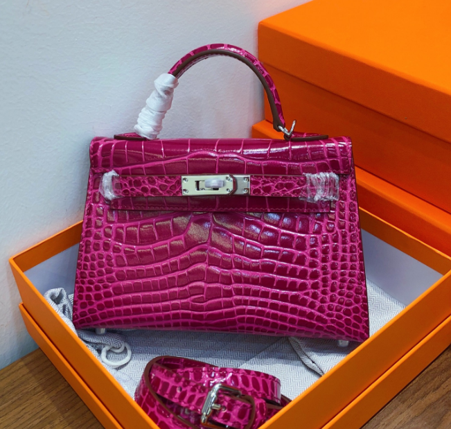 Kelly Sellier 19cm Fuchsia Shiny Crocodile Leather Gold Hardware & Palladium Hardware Women Handbag