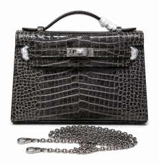 Kelly Pochette Gris Elephant Shiny Niloticus Crocodile Leather Palladium Hardware & Palladium Hardware Women Clutch Bag