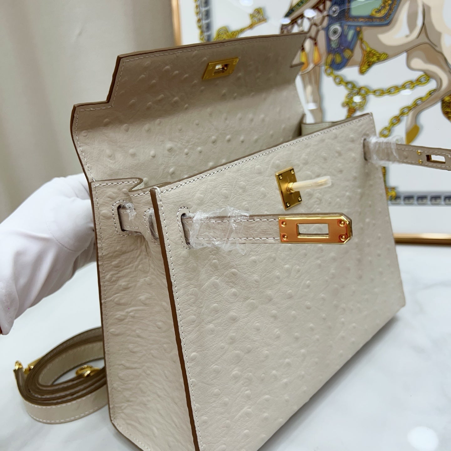 Kelly Sellier 25cm Craie Ostrich Gold Hardware Premium Women Shoulder Purse