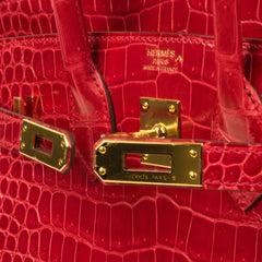 Birkin 25 Bag Red Braise Porosus Crocodile Gold Hardware Lipstick Red