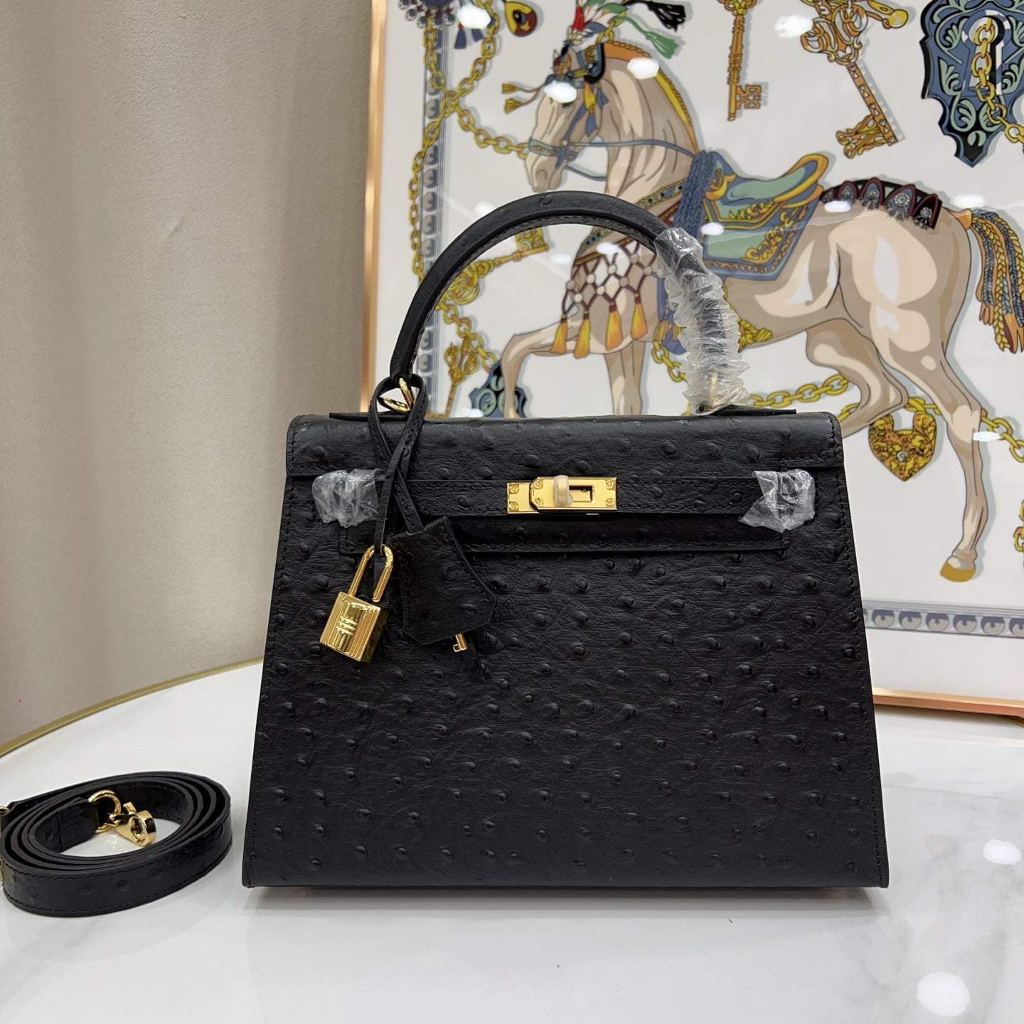 Kelly Sellier 25cm Noir Black Ostrich Gold Hardware Designer Shoulder Tote