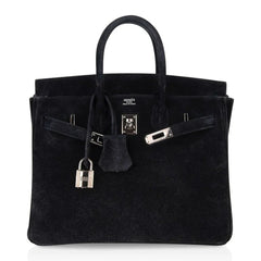 Birkin 25 Bag Black Doblis Suede with Palladium Hardware