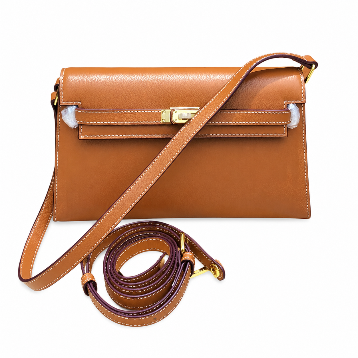 Kelly Elan 25 Top-Grain Leather Goat-Pattern Underarm Baguette Bag – Gold Buckle, Coffee Brown, 25×6.5×15cm