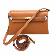Kelly Elan 25 Top-Grain Leather Goat-Pattern Underarm Baguette Bag – Gold Buckle, Coffee Brown, 25×6.5×15cm