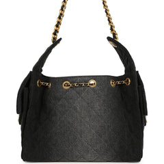Chanel Small 25 Hobo Bag Black Washed Denim Antique Gold Hardware