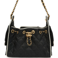 Chanel Mini 25 Hobo Bag Black Raffia and White Calfskin Antique Gold Hardware