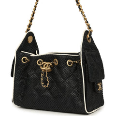 Chanel Mini 25 Hobo Bag Black Raffia and White Calfskin Antique Gold Hardware