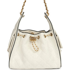 Chanel Small 25 Hobo Bag White Raffia and Black Calfskin Antique Gold Hardware