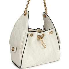 Chanel Small 25 Hobo Bag White Raffia and Black Calfskin Antique Gold Hardware