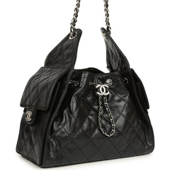 Chanel Small 25 Hobo Bag Black Shiny Aged Crumpled Calfskin Silver Hardware