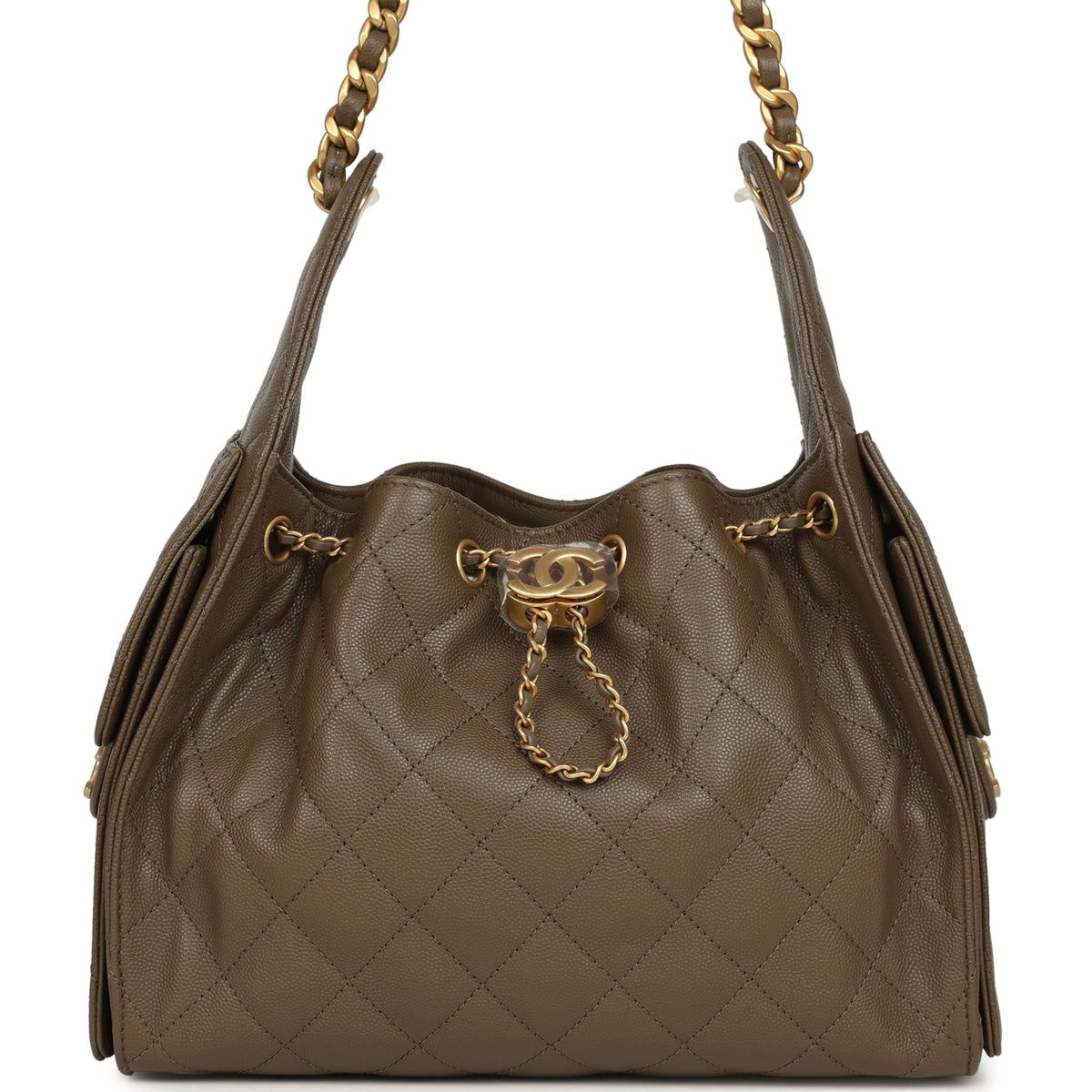 Chanel Small 25 Hobo Bag Dark Khaki Caviar Antique Gold Hardware