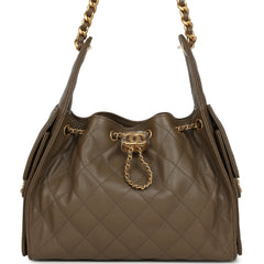 Chanel Small 25 Hobo Bag Dark Khaki Caviar Antique Gold Hardware