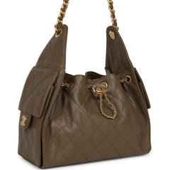 Chanel Small 25 Hobo Bag Dark Khaki Caviar Antique Gold Hardware