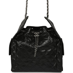 Chanel Medium 25 Hobo Bag Black Shiny Crumpled Calfskin Mixed Silver Hardware