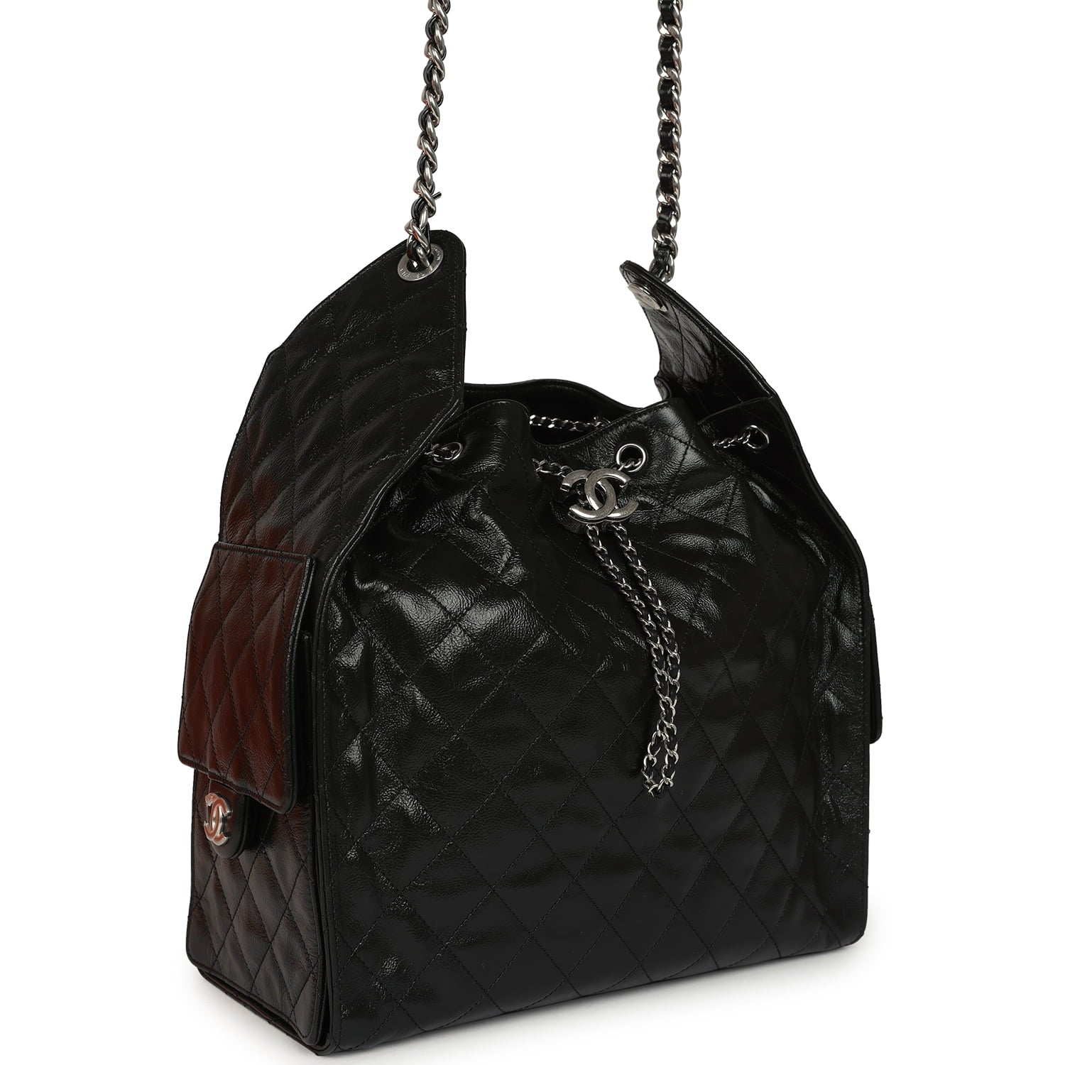 Chanel Medium 25 Hobo Bag Black Shiny Crumpled Calfskin Mixed Silver Hardware