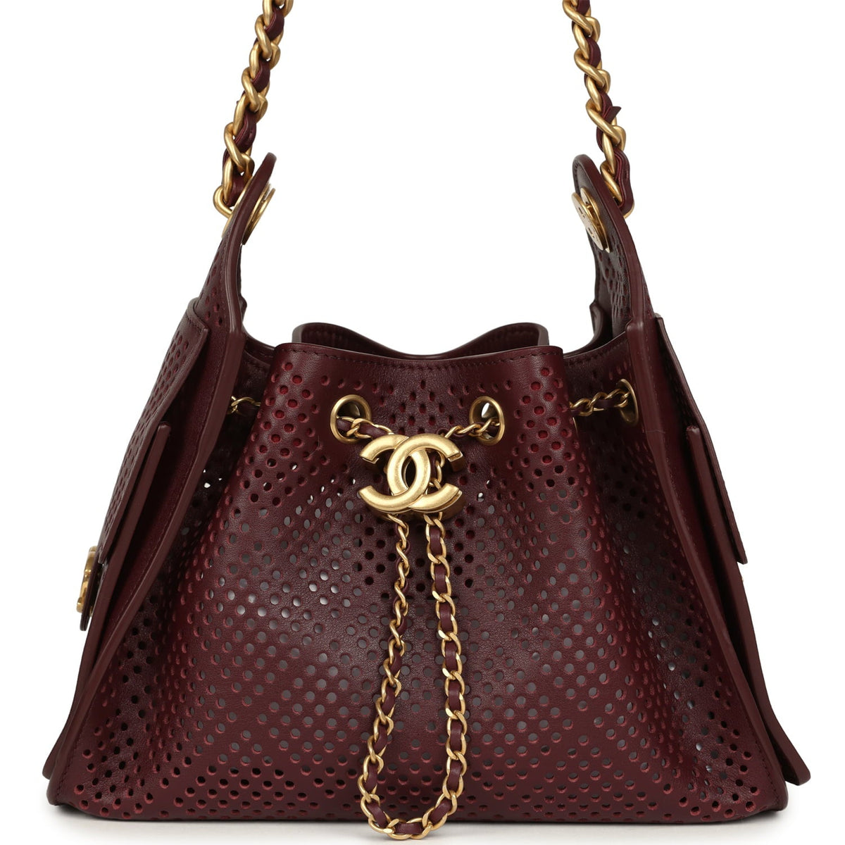Chanel Mini 25 Hobo Bag Dark Burgundy Perforated Calfskin Antique Gold Hardware