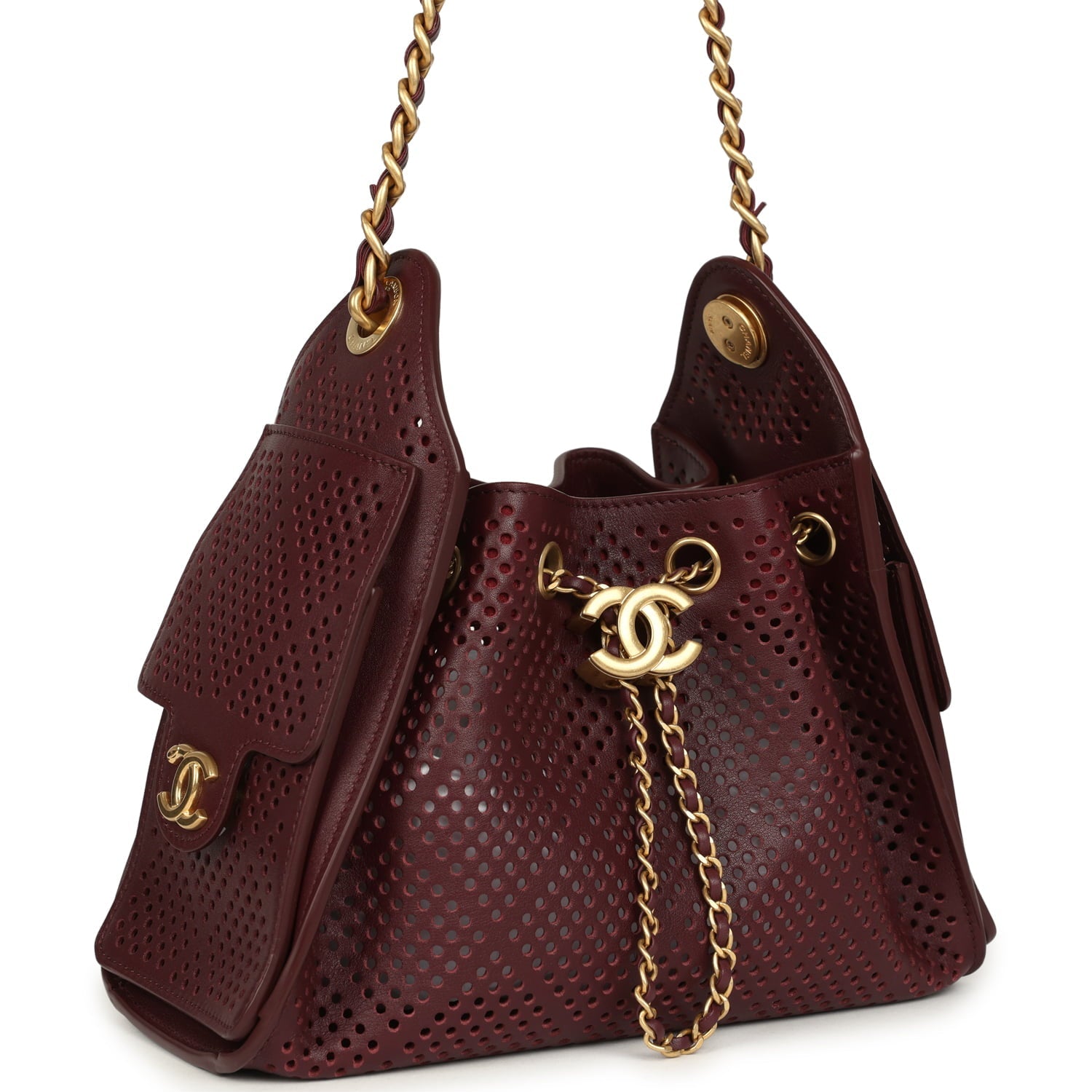Chanel Mini 25 Hobo Bag Dark Burgundy Perforated Calfskin Antique Gold Hardware
