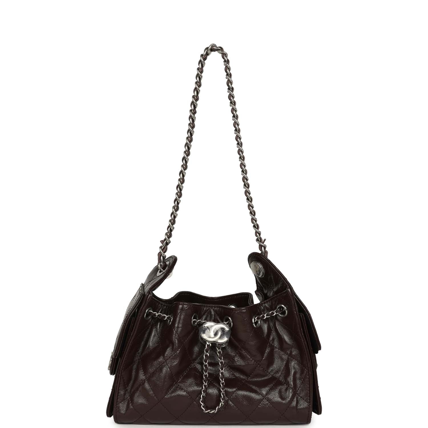 Chanel Mini 25 Hobo Bag Dark Brown Shiny Crumpled Calfskin Silver Hardware