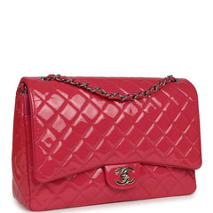 Pre-owned Chanel Maxi Classic Double Flap Bag Dark Pink Patent Silver Hardware