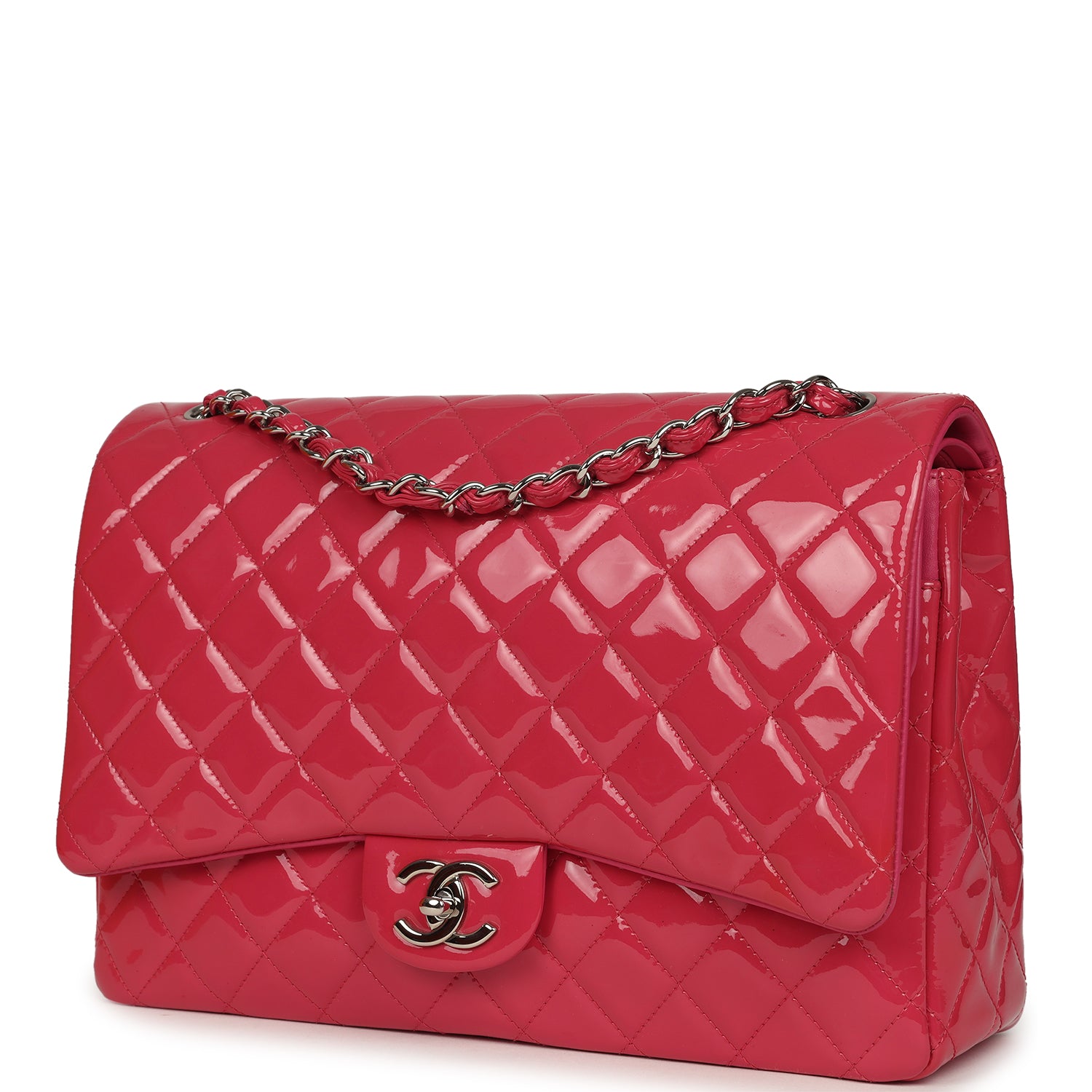 Pre-owned Chanel Maxi Classic Double Flap Bag Dark Pink Patent Silver Hardware