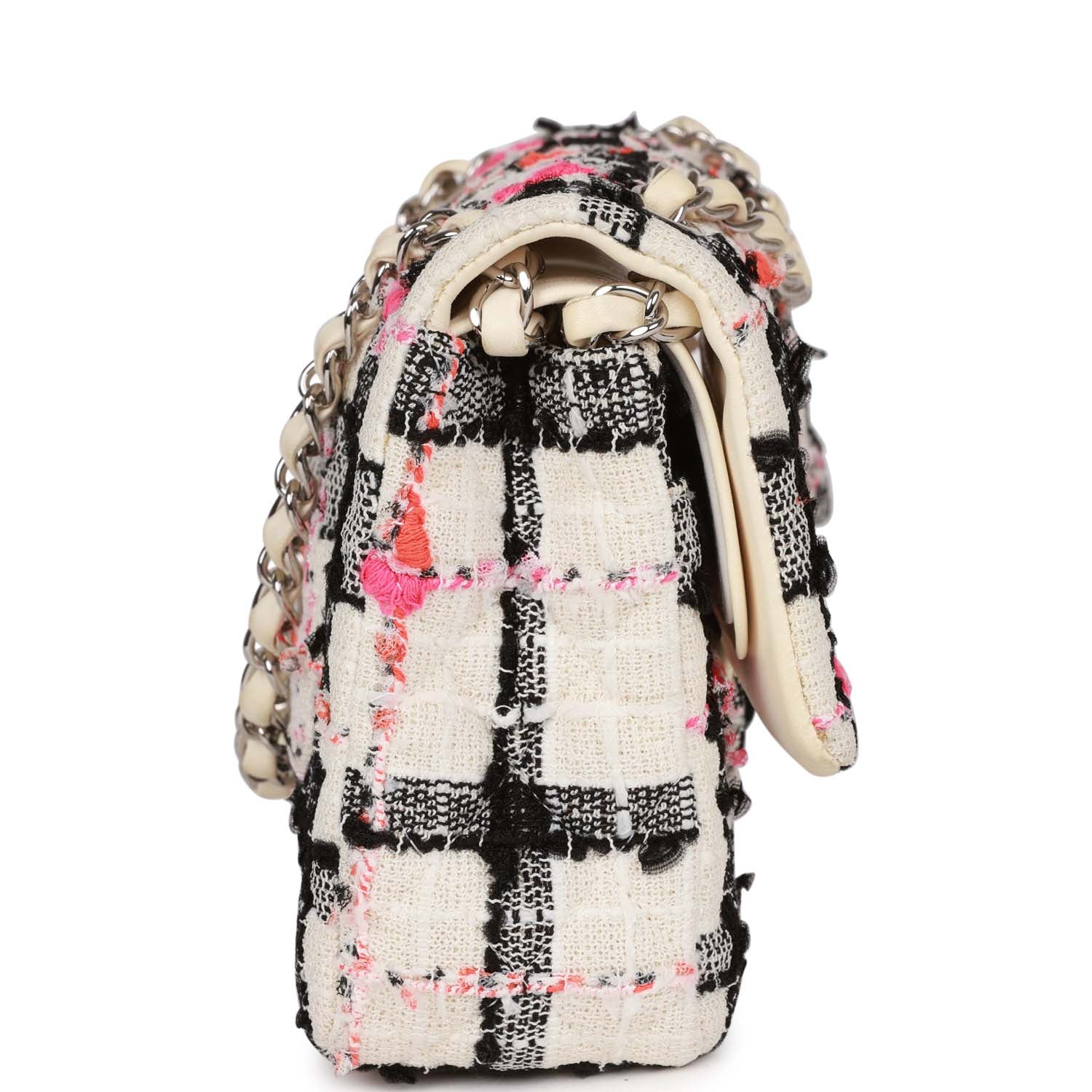 Pre-owned Chanel Medium Classic Double Flap Bag White, Black, and Pink Tweed Silver Hardware