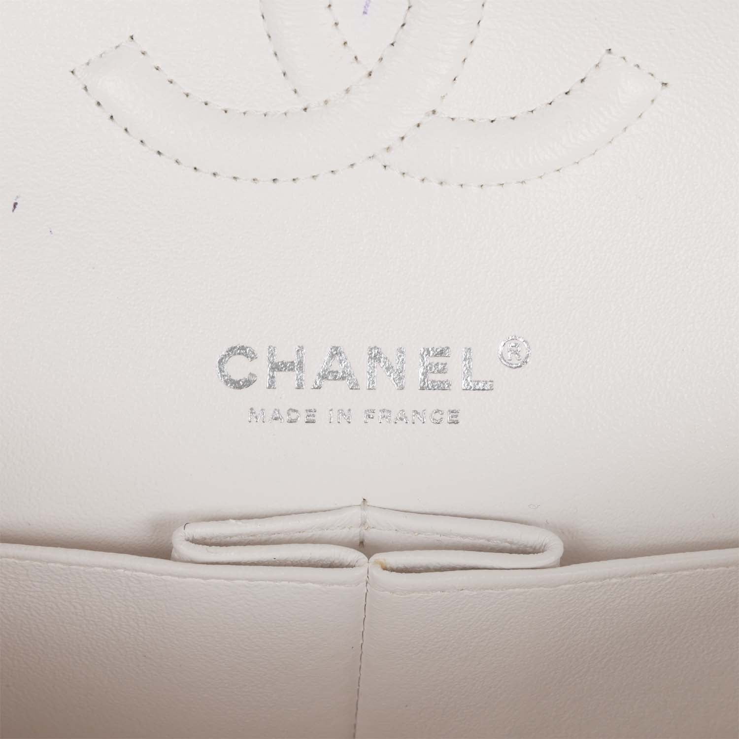 Pre-owned Chanel Medium Classic Double Flap Bag White, Black, and Pink Tweed Silver Hardware
