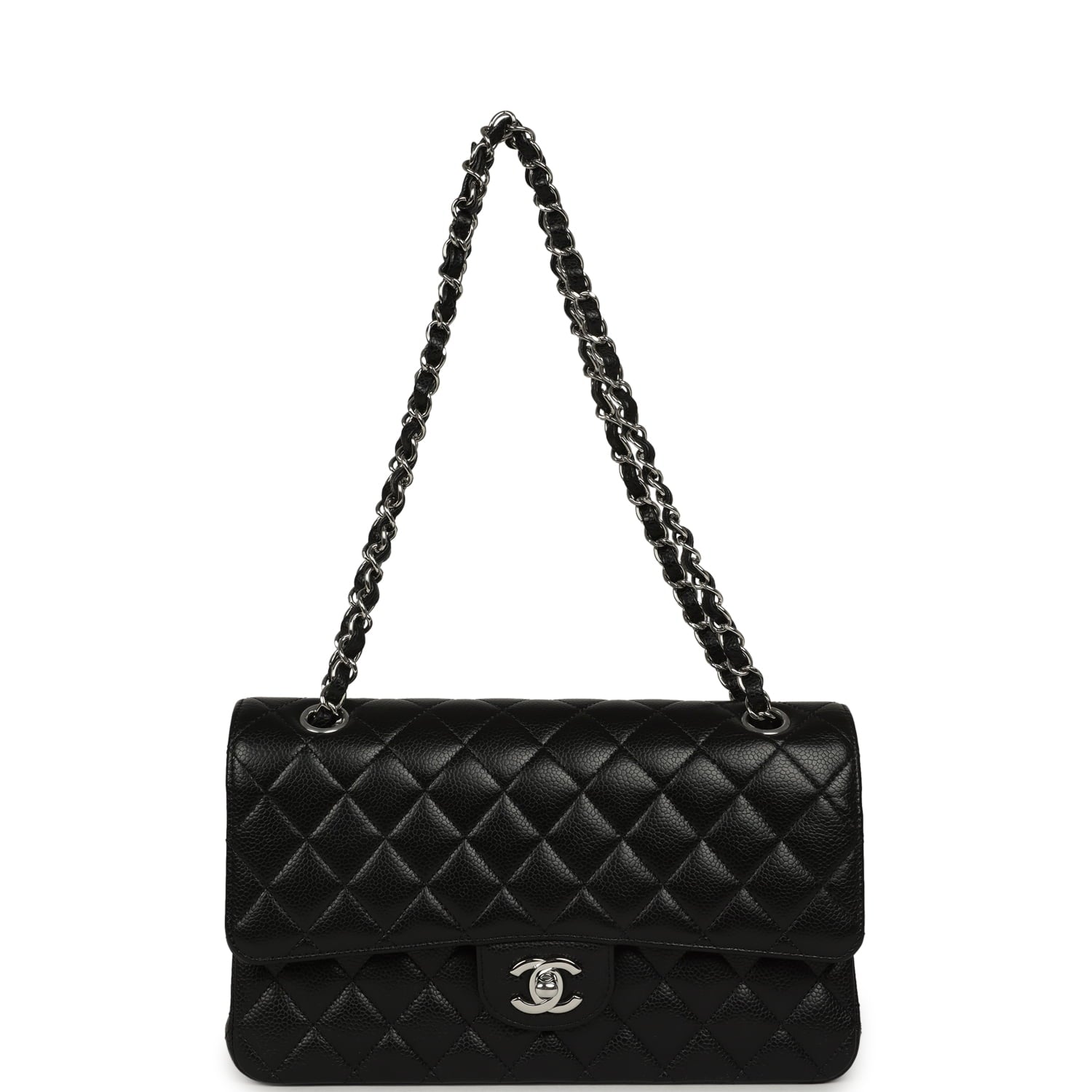 Pre-owned Chanel Medium Classic Double Flap Black Caviar Silver Hardware