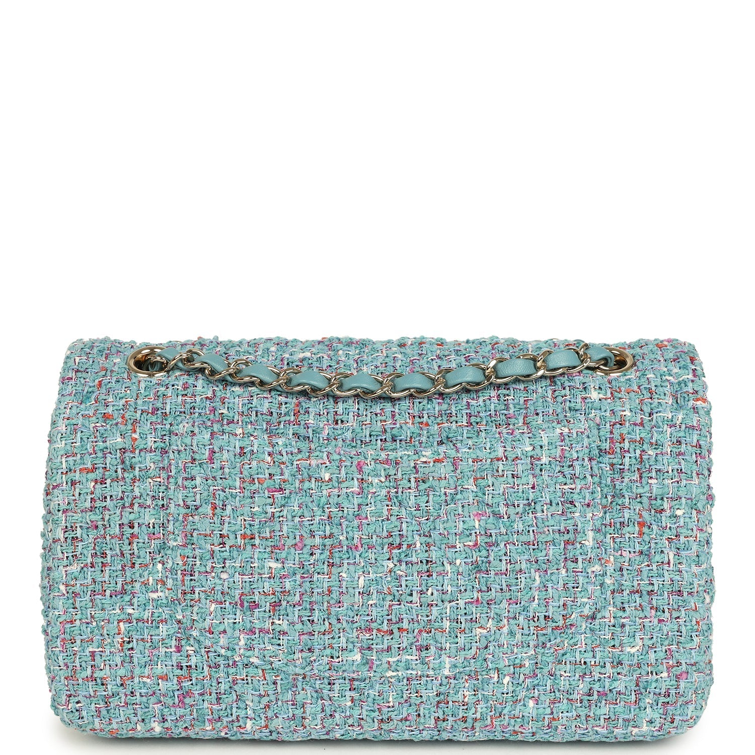 Chanel Medium Classic Double Flap Bag Blue Multi Tweed Light Gold Hardware