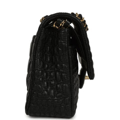 Chanel Medium Classic Croc Embossed Double Flap Bag Black Lambskin Gold Hardware