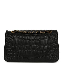 Chanel Medium Classic Croc Embossed Double Flap Bag Black Lambskin Gold Hardware