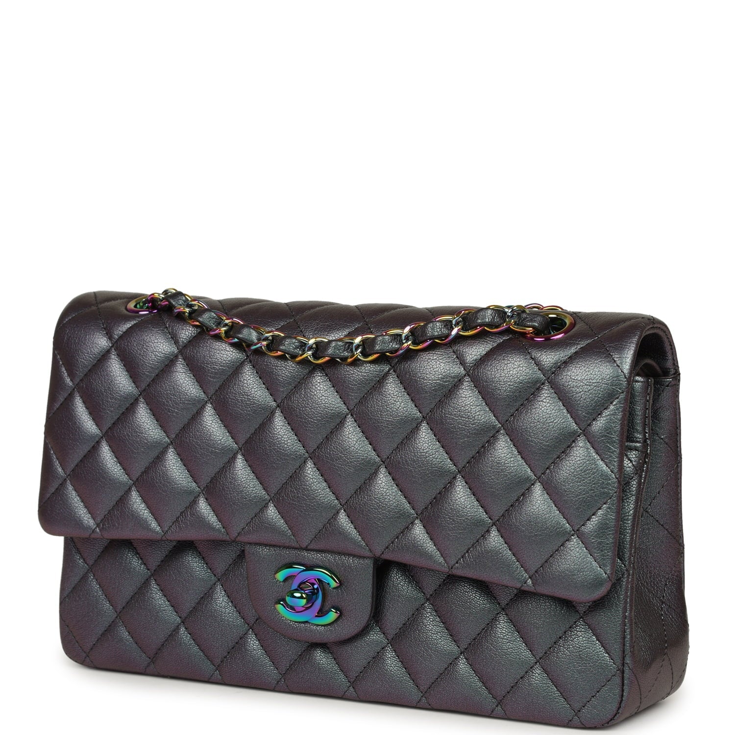 Pre-owned Chanel Medium Classic Double Flap Bag Iridescent Purple Goatskin Rainbow Hardware