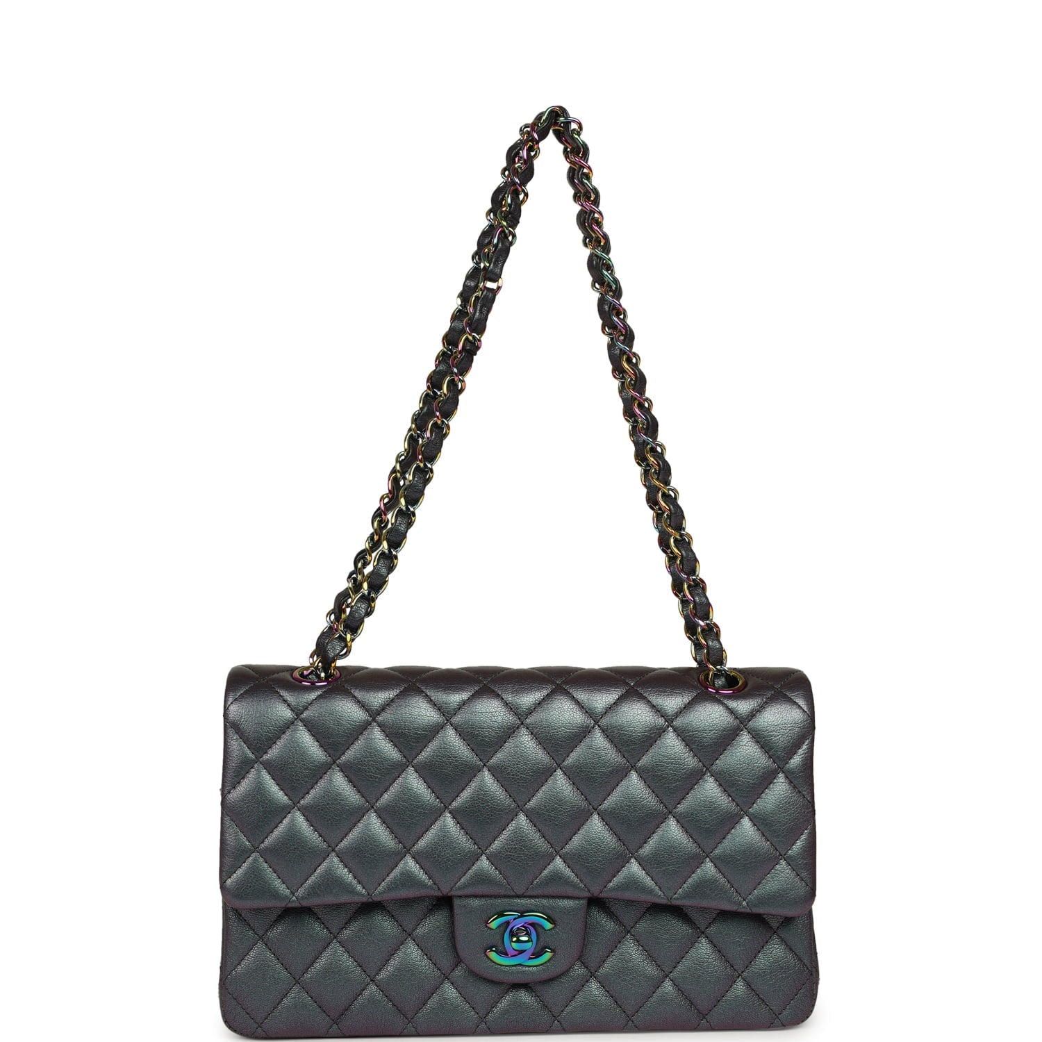 Pre-owned Chanel Medium Classic Double Flap Bag Iridescent Purple Goatskin Rainbow Hardware