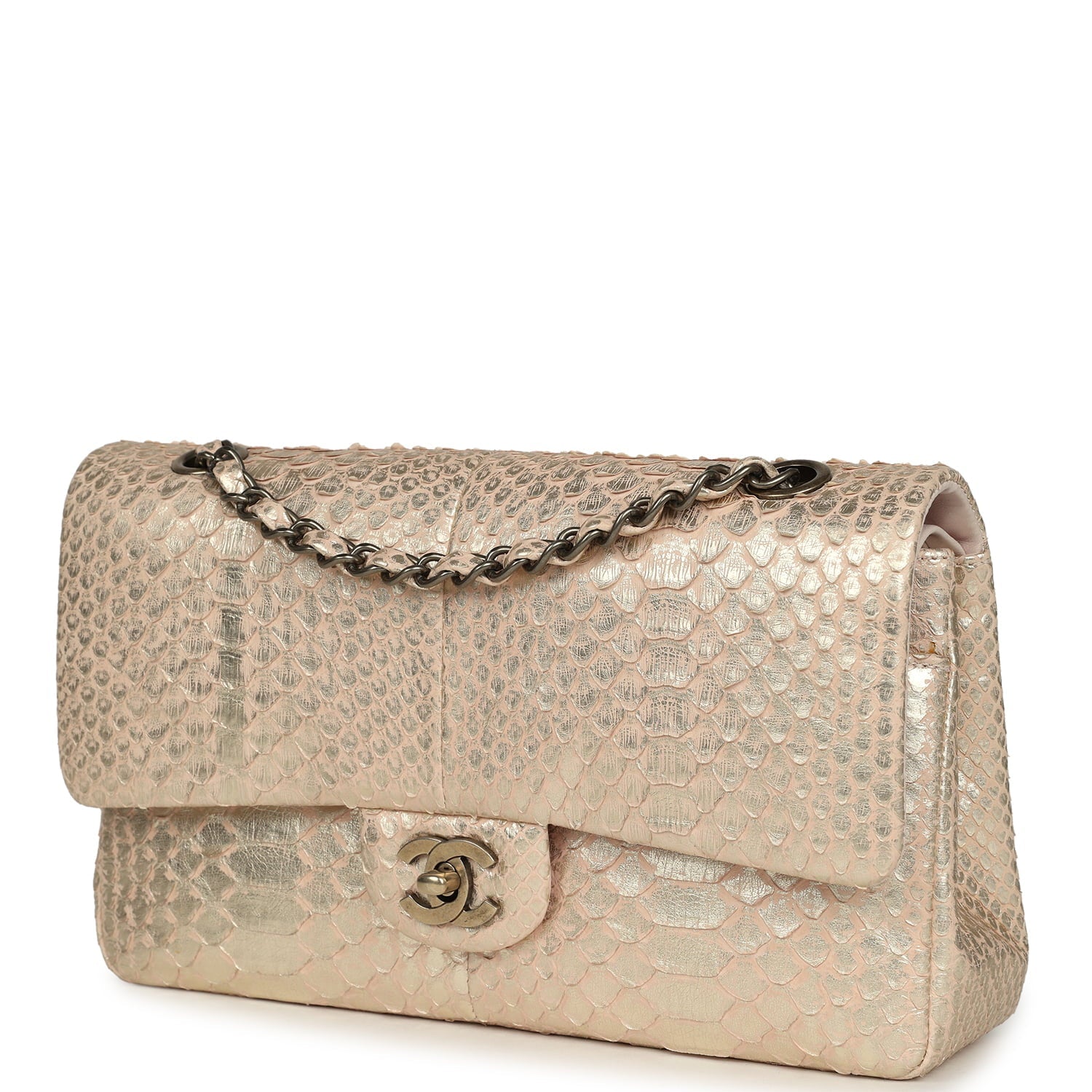 Pre-owned Chanel Medium Classic Double Flap Bag Light Pink, Silver Python Aged Bronze Hardware