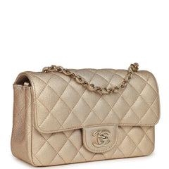 Chanel Mini Classic Rectangular Flap Bag Gold Grained Lambskin Caviar Light Gold Hardware