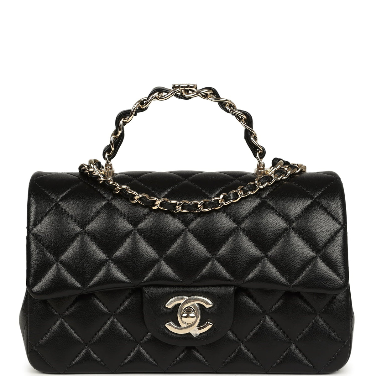 Chanel Mini Classic Rectangular Top Handle Flap Bag Black Lambskin Light Gold Hardware