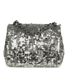 Chanel Mini Classic Square Flap Bag Metallic Silver Sequins Ruthenium Hardware