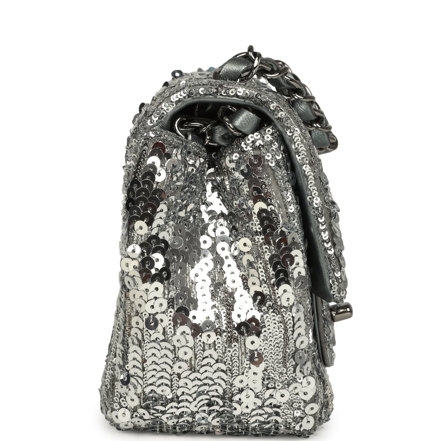 Chanel Mini Classic Square Flap Bag Metallic Silver Sequins Ruthenium Hardware