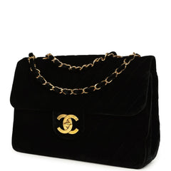 Vintage Chanel XL Classic Chevron Single Flap Bag Black Velvet Gold Hardware