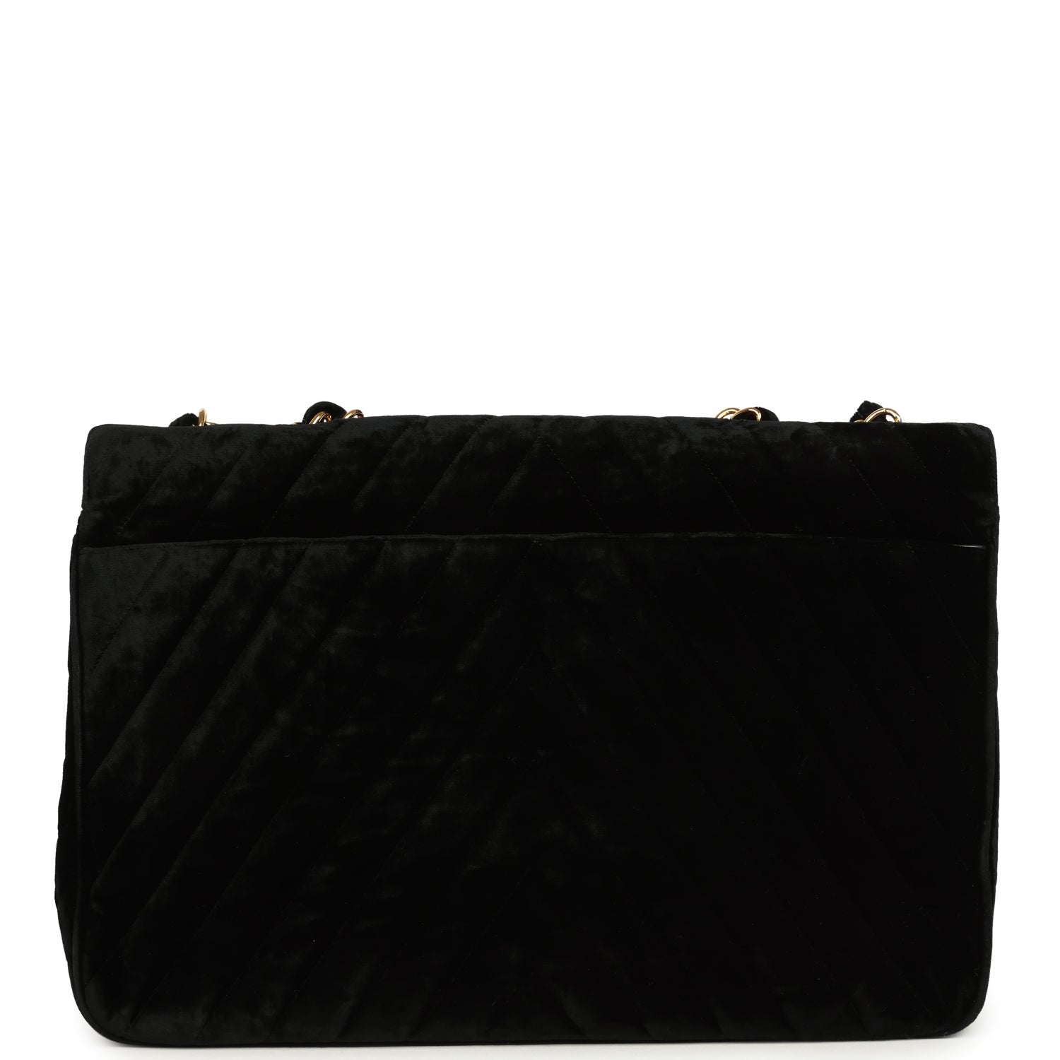 Vintage Chanel XL Classic Chevron Single Flap Bag Black Velvet Gold Hardware