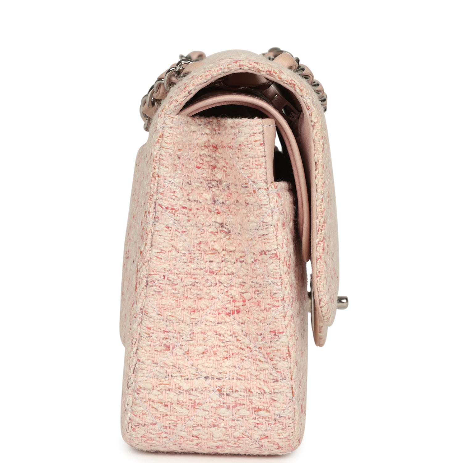 Vintage Chanel Medium Classic Double Flap Bag Light Pink and White Tweed Silver Hardware