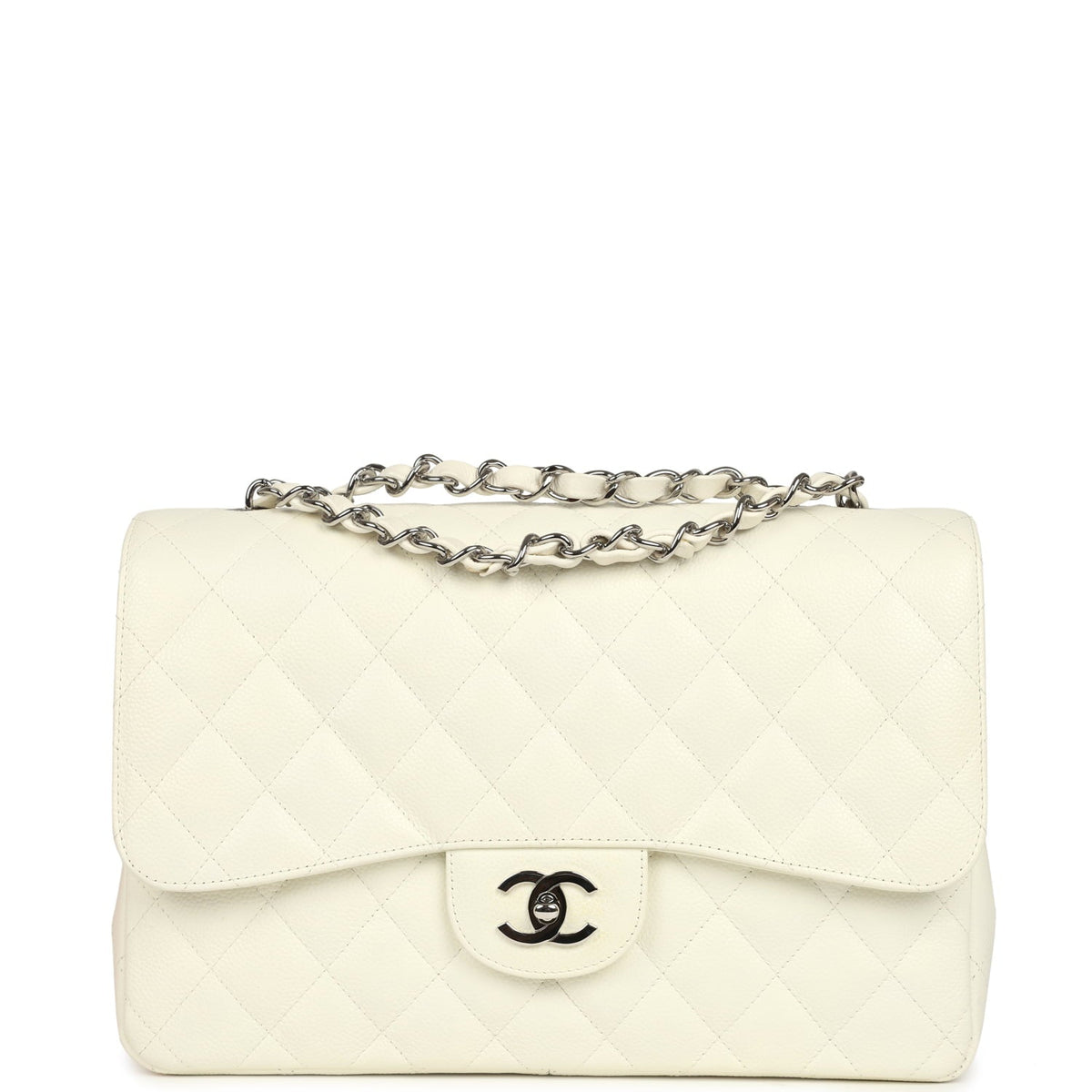 Vintage Chanel Classic Jumbo Single Flap Bag White Caviar Silver Hardware
